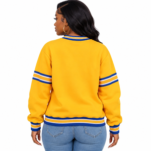 Sudadera con cuello redondo y escudo de chenilla dorado de Sigma Gamma Rho, con bolsillo canguro y ribete acanalado a rayas azul real, para la hermandad griega. - Product Image 2