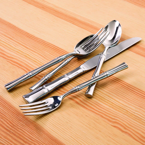 Modern Bamboo Handle Stainless Steel <b>Flatware</b> Set with High Mirror Polish for Wedding Banquet Use - Product Image 5