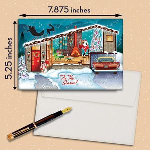 Tarjetas de Navidad de Estilo Moderno de Mediados de Siglo - Paquete de 8 con Sobres, Diseño 'Una Visita de Santa' - Product Image 1