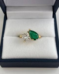 <b>Emerald</b> Gemstone Pear And Round Moissanite Toi Et Moi <b>Ring</b> 925 <b>Silver</b> Original Gold Plated Wedding Fine Gift for Girlfriends - Product Image 5