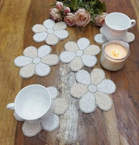 White Flower Beaded Coasters Set Of 6 Classic Fabric Reusable Wedding Table Mats Decoration - Product Image 5
