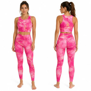 Ensemble de yoga 2 pièces en polyester et élasthanne respirant avec haut court dos nageur imprimé marbre rose et leggings taille haute longueur intégrale pour l'entraînement - Product Image 2