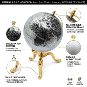 Globo Terráqueo de Escritorio Premium |   Mapa negro plateado con soporte de trípode de aluminio dorado |   Globo Terráqueo Educativo para Decoración de Oficina - Product Image 3