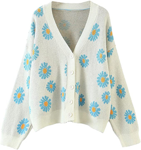 Cardigan en tricot à imprimé floral pour femmes, col en V, manches longues, fermeture à boutons, longueur intégrale, respirant, à porter en toutes saisons - Product Image 1