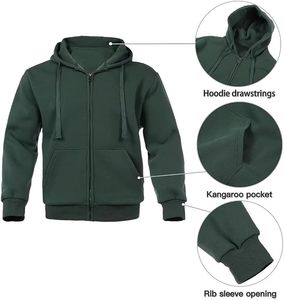 Ensemble de survêtement pour homme vert foncé à capuche, fermeture éclair intégrale, couleur unie, décontracté, athlétique, 100 % coton respirant, épais, hiver - Product Image 3