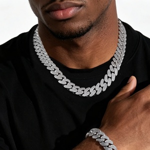 Ensemble collier chaîne Miami et bracelet à maillons ovales en zircone cubique couleur argent, bijoux streetwear de luxe - Product Image 1