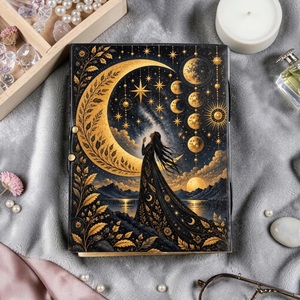Diario de Cuero Grimoire Celestial de 400 Páginas, Tapa Dura Negra, Diseño Vintage de Luna y Estrellas, Libro de Hechizos Hecho a Mano con Acuarelas, Regalo - Product Image 6
