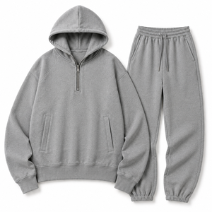 Conjunto de sudadera con capucha y pantalón de chándal de dos piezas para hombre, con media cremallera, de mezcla de algodón, corte holgado, estilo urbano casual, liso - Product Image 3