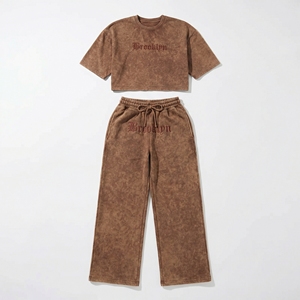 Marble-Wash Brown Crop Top & Wide-Leg <b>Sweat</b> <b>Set</b> — Vintage-Inspired Athleisure Lounge <b>Set</b> | OEM Casual & Streetwear Manufacturer - Product Image 1