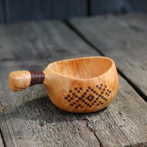 Handmade Wooden Coffee Bowl Kuksa Cup Traditional <b>Leather</b> On Handle Design Scandinavian Drinking Mug Natural Wood Tableware - Product Image 1