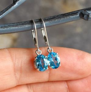 Natural Swiss Blue Topaz Drop Earrings 925Sterling Silver Oval 8x6mm Dangle Earrings Elegant Gemstone Jewelry Gift <b>Boxed</b> for Her - Product Image 1