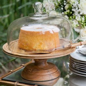 Quality Round Wooden Cake Stand With Glass Lid For Stylish <b>Dessert</b> Storage And Kitchen Decoration - Product Image 1