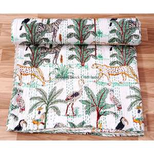 Nueva colcha Kantha de algodón 100% orgánico, estampada con motivos animales, estilo vintage, ecológica, para todas las estaciones, tamaño doble, para uso doméstico. - Product Image 4
