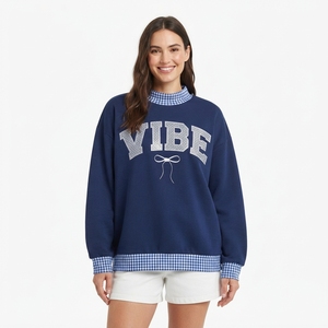 Sweat-shirt surdimensionné pour femme, bleu marine, avec imprimé scintillant et bordure à carreaux, col rond, manches longues, vêtements décontractés d'automne - Product Image 1