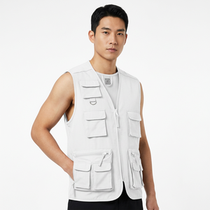 Gilet Safari Blanc pour Homme avec Fermeture Éclair, Col Montant et Multiples Poches - Product Image 4