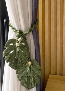 Handmade Macrame <b>Curtain</b> Tieback: Monstera Leaf Boho Decor - Product Image 2