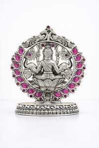 Estatua de Lakshmiji Plateada, Artesanía Religiosa Tradicional Hecha a Mano, Adorno Metálico para Mesa, Retrato de Diwali - Product Image 4
