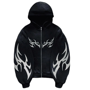 Sudadera con Capucha Oversize de Algodón 100% con Cremallera, Estampado DTG y Bordado, Textura Oscura, Estilo Urbano Popular - Product Image 1