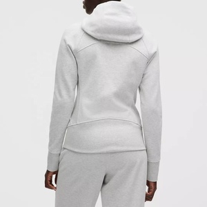 Comfortable Custom Women's Light Gray Full Zip <b>Hooded</b> <b>Fleece</b> <b>Jacket</b> Knitted Cotton Minimalist Athletic Autumn Thumb Hole <b>Jackets</b> - Product Image 2