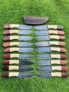 Couteau de chasse en acier Damas, lame pointue, manche en bois et os, lame fixe de 8 pouces avec étui en cuir - Product Image 1