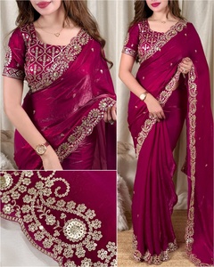 Sari en satin Fandy à effet bicolore avec broderies complexes et travail de zari, accompagné d'un chemisier bicolore non cousu - Product Image 3