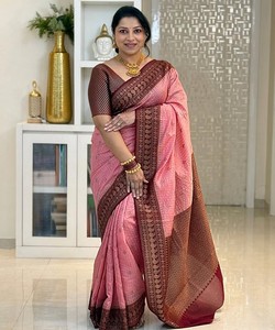 Pink Banarasi <b>Saree</b> <b>Maroon</b> Border Women Ethnic Quick Dry Casual Floor Length Regular All Seasons 85169 TWT 1095 - Product Image 3