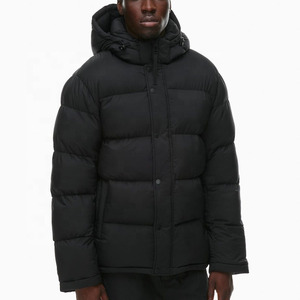 Blouson matelassé à capuche pour homme, hiver, rembourré de duvet, coupe-vent, fermeture éclair, couleur noire unie, coupe classique, vêtement d'extérieur - Product Image 4