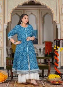 <b>Plus</b> <b>Size</b> Cotton Anarkali Kurti Blue Women's Bandhej Printed Round Neck Three Quarter Sleeves Comfortable Daily Wear - Product Image 5