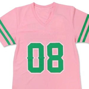 Camiseta de béisbol de manga corta con cuello en V rosa y verde para mujer, de la hermandad, que absorbe la humedad, de ajuste regular, con bloques de color sólido. - Product Image 5