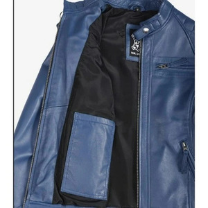 Veste de moto en cuir véritable bleu pour femme, col montant, fermeture éclair, coupe ajustée, style motard avec plusieurs poches - Product Image 5
