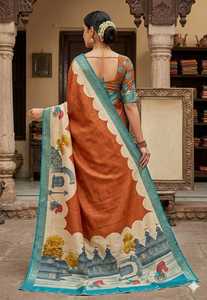 Sari indien traditionnel en soie avec motif imprimé numérique, bordure orange et bleue, pour femmes, tenue de mariage - Product Image 3