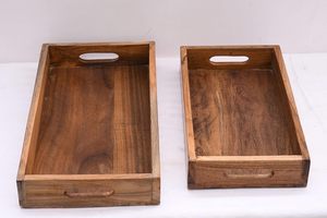 wooden tray rectangular <b>serving</b> tray brown rustic kitchen organizer storage tray dining table <b>serving</b> platter <b>set</b> of 2 - Product Image 6