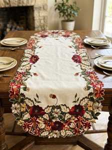 Embroidered Floral Cotton Table Runner Classic Oval Design Hand Washable Home Decor - Product Image 3