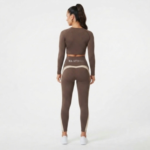 Women <b>Long</b> Sleeve Crop <b>Top</b> High Waist Color Block <b>Leggings</b> Two Piece Fitness Activewear Set - Product Image 2