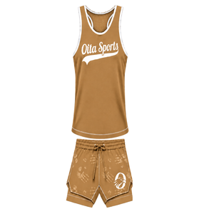 Conjunto de Natación Color Camel, Blanco y Marrón, Camiseta sin Mangas con Espalda Cruzada y Pantalones Cortos a Juego, Ligero, de Secado Rápido, para Entrenamiento y Alto Rendimiento - Product Image 1