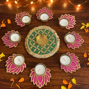 Juego de Portavelas de Loto Rosa Hechos a Mano con Centro Verde Rangoli para Diwali, Pooja, Bodas y Decoración Festiva del Hogar - Product Image 3