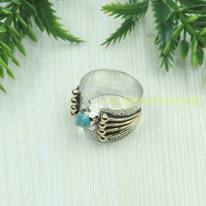 Bague ajustable artisanale en pierre turquoise, argent sterling 925 et laiton, style ethnique bohème tribal, bijoux de créateur pour femmes - Product Image 3