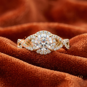 Gold Plated Round Cut Halo Engagement <b>Ring</b> Women Twisted Split Shank Pave Band American Diamond <b>CZ</b> Wedding <b>Ring</b> - Product Image 1