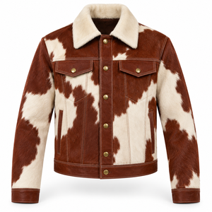 Custom Mens Rosewood <b>Cream</b> <b>Hair</b> On Cowhide Western Jacket <b>Straight</b> Yoke Cowboy Ranch Coat OEM Wholesale Manufacturer Premium B2B - Product Image 1