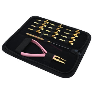 Kit d'outils compact rose et or en acier inoxydable pour extensions capillaires avec pince à sertir et à verrouiller les micro-perles à 2 trous et pinces de coiffage - Product Image 1