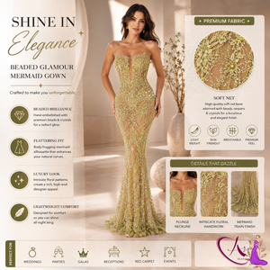 Vestido de noche largo hasta el suelo, bordado a mano, color verde oliva, estilo sirena |   Vestido de fiesta de diseñador sin tirantes con sujetador incorporado |   Formal - Product Image 6