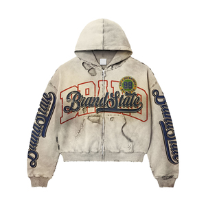 Sudadera con capucha y cremallera personalizada con lavado ácido, letras de diamantes de imitación, estampado desgastado, algodón de alto gramaje, estilo oversize, streetwear para hombre OEM - Product Image 2