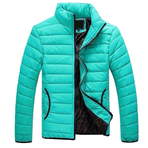 Blouson matelassé turquoise pour homme, col montant, fermeture éclair, coupe-vent, couleur unie, coupe ajustée, rembourrage en polyester, idéal pour l'automne - Product Image 4