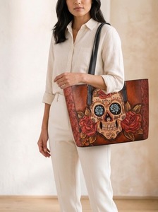 Sac fourre-tout d'été bohème en cuir véritable à imprimé rose et crâne, grande capacité, avec deux sangles, bandoulière, pour femme, pour le quotidien et les voyages, avec boucle - Product Image 5