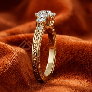 แหวนหมั้นเพชรโมอิสซาไนต์ทรงกลม 14K 18K ทองคำ ประดับเพชรด้านข้างสามเม็ด สไตล์วินเทจ สลักลาย แหวนแต่งงานสำหรับผู้หญิง - Product Image 3