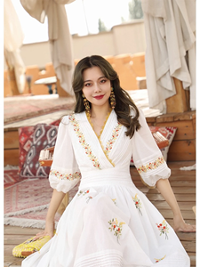 <b>White</b> Embroidered Cotton Midi Dress Flattering V-neckline and puffed Mid-Length Sleeves Floral Embroidery Long Dress - Product Image 3