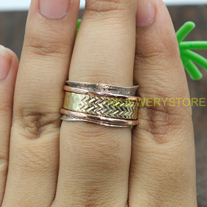 Handmade Mixed Metal <b>Spinner</b> <b>Ring</b> 925 Sterling Silver Brass Copper Wide Band Meditation <b>Ring</b> Textured Boho <b>Ring</b> For Women AndMen - Product Image 5