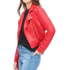Veste en cuir véritable rouge pour femme, style moto, manches longues, fermeture éclair, col rabattu, style automne, veste en cuir classique pour femme - Product Image 4