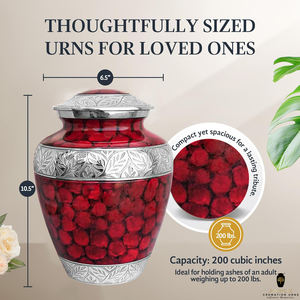 Urne funéraire en métal rouge pour cendres humaines adultes |   Urne commémorative gravée en feuille d'argent, design écologique et durable |   220 pouces cubes - Product Image 3