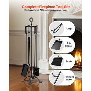 5 PCS Fireplace Tool Set with Four Prong Stand <b>Fire</b> Place <b>Poker</b> Wrought Iron Ash Shovel Brush Tongs-Premium Accessory Holder - Product Image 2